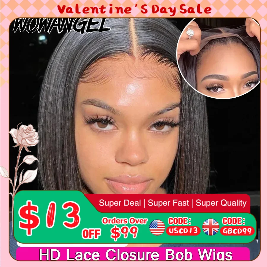 WOWANGEL Straight Bob Wig 5X5 HD Lace Closure Wig Ready To Wear Glueless Wig 250% Bob Wig Lace Front Human Hair Wigs Pre Plucked