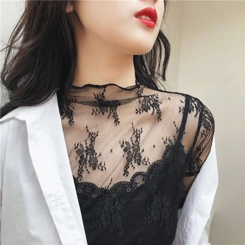 Sexy Hollow Mesh Long Sleeved Tops Half High Neck Solid Color Lace Shirt Women's Inner Wear Bottoming Clothes Soft Comfortable