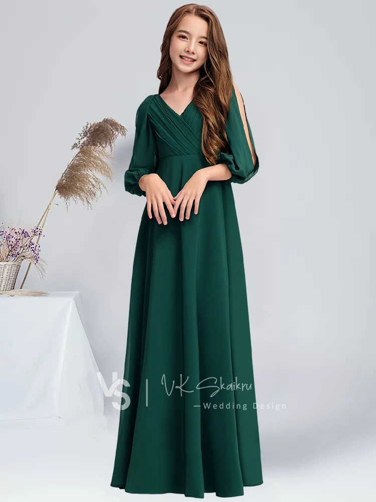 A linha com decote em v até o chão chiffon júnior vestido de dama de honra com plissado verde escuro vestido de menina de flor vestido de comunhão para juniores