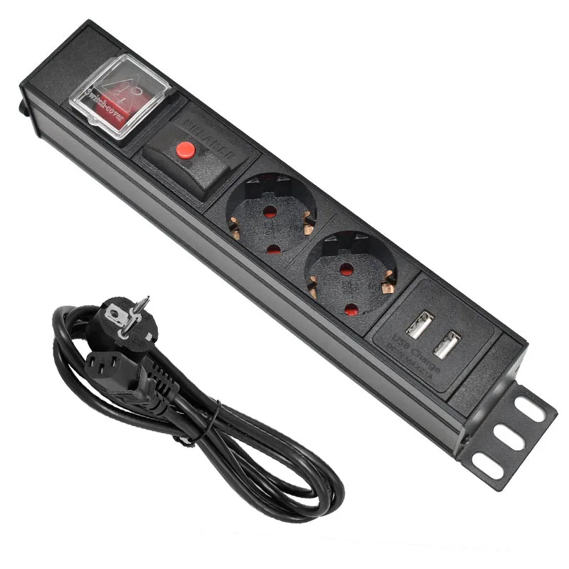 

2 AC EU Power Strip Socket PDU Power Strip Aluminum alloy with IEC-C14 Port Outlet extend with USB Overload protection