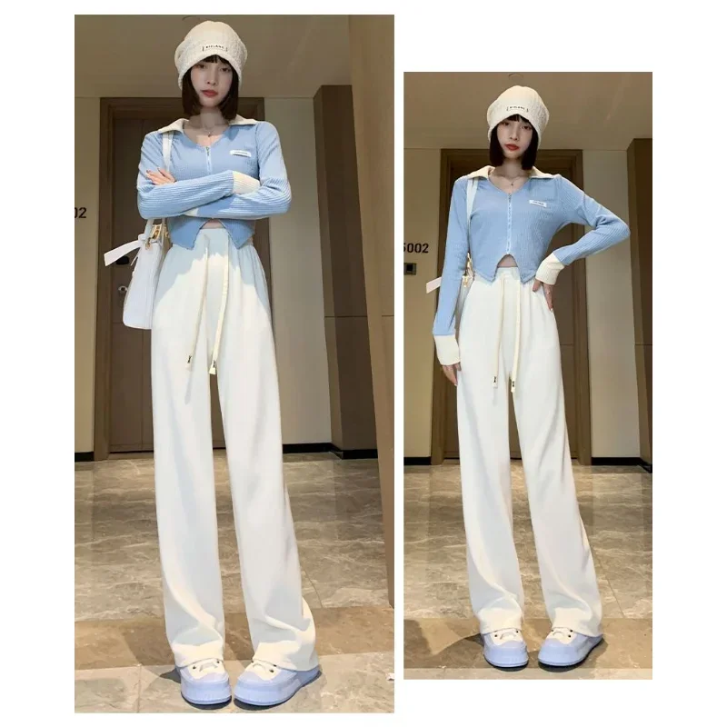 

Spring Autumn Winter New Grey Knitted Wide Leg Women Casual Pants High Waist Straight Tube Floor Sweeping Pants