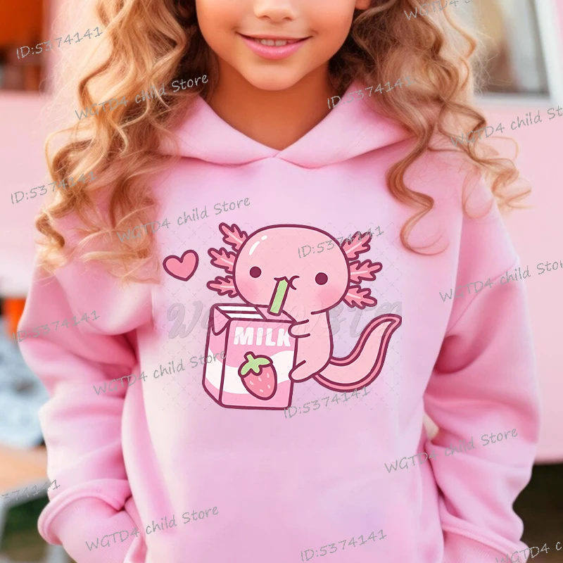 Cute Axolotl Loves Strawberry Milk Print Kids Hoodies Spring Long Sleeve Casual Sportswear Cartoon Axolotl Hoody For Boys Girls