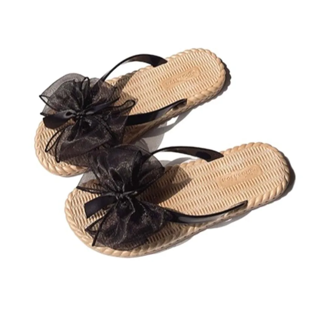 

Open-toe Mesh Bow Slippers Waterproof Streetwear Platform Flip Flops Outer Wear Shoes Non-Slip Seaside Slides Sandals Holiday