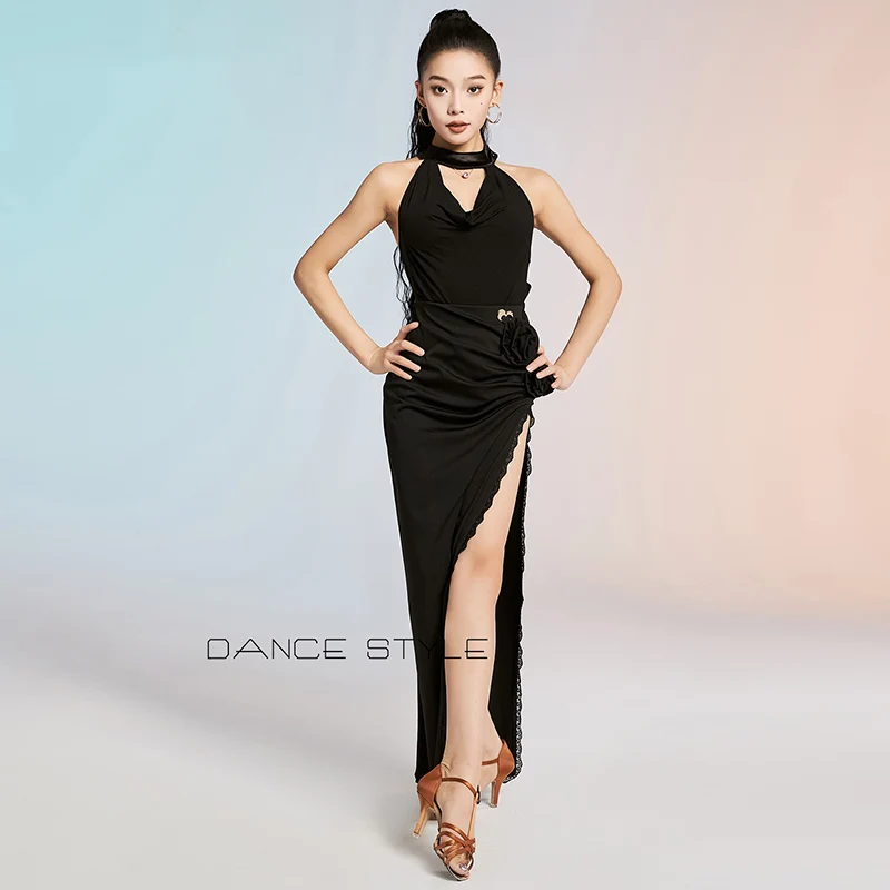 Volwassen Sexy Latin Dans Kleding Vrouwen Prestaties Kleding Tango Rumba Toneelkostuum Zwart Backless Bodysuit Spleet Rok VBH2081