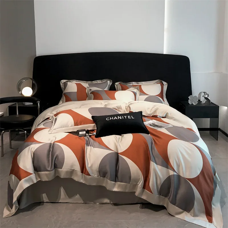 High-end light luxury 60 Tencel printing four-piece set 100% Lyocell ice silk bed sheet quilt cover bed three-piece set