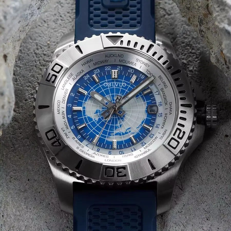 OBLVLO Men Automatic Watch 43.5MM Mechanical Wristwatch Luminous World Time Dial 10ATM Waterproof Sapphire Luminous Miyota 8215