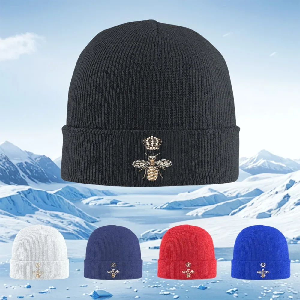 2026 Crown bee embroidery design elegant insect Men Women Unisex Knitted Hat Beanie Pullover Cap Winter Thermal Warm Christmas O