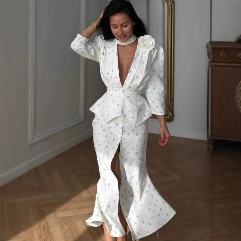 Image of Elegantes Bedrucktes Spitzenkleid mit Taillengürtel, O-Ausschnitt, Puffärmeln und A-Linie für Frühling/Sommer 2026 Partykleid