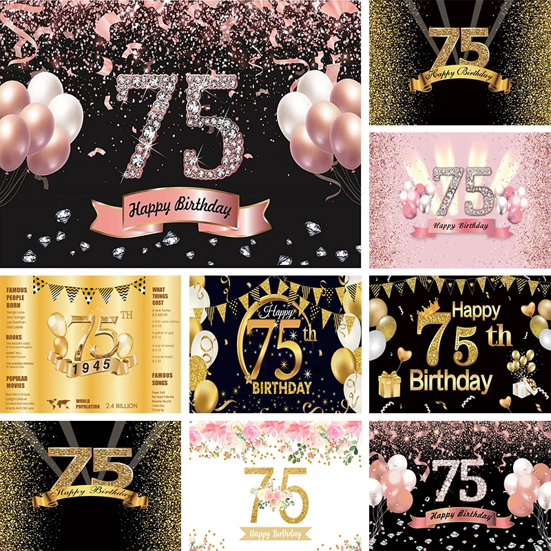 

Rose Gold 75th Backdrop Decorations For Women Men 75 Years Old Happy Birthday Party Balloon Photography Background Photo Banner