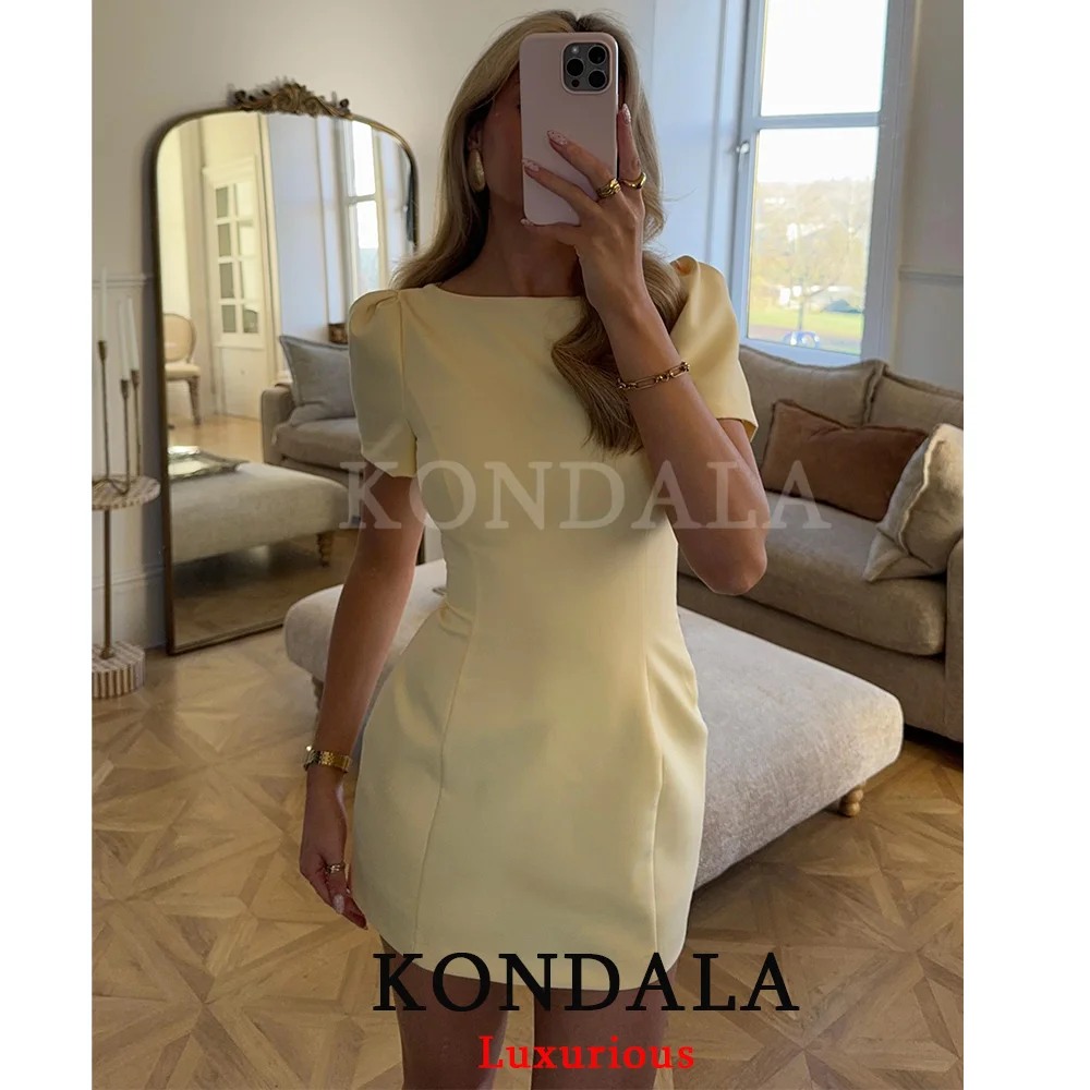 KONDALA Vintage Chic Damen Urlaubskleid Gelb Kurzarm Reißverschluss Minikleid Mode 2026 Frühling Sommer Partykleid