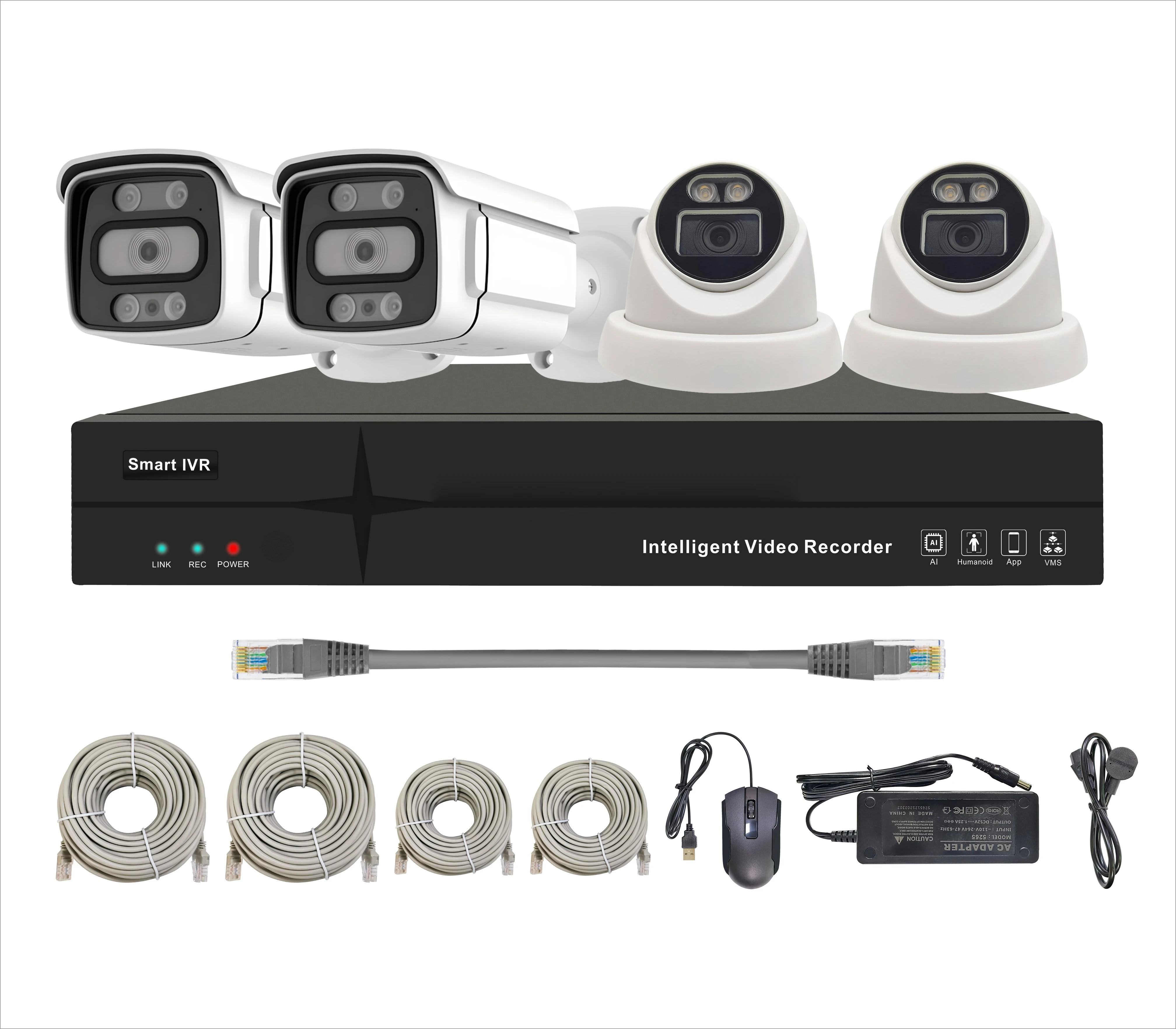 Two-way Audio Intercom 4CH Dome and Bullet 5 million Pixel IP Camera CCTV Camera 4 Channel PoE NVR Kit