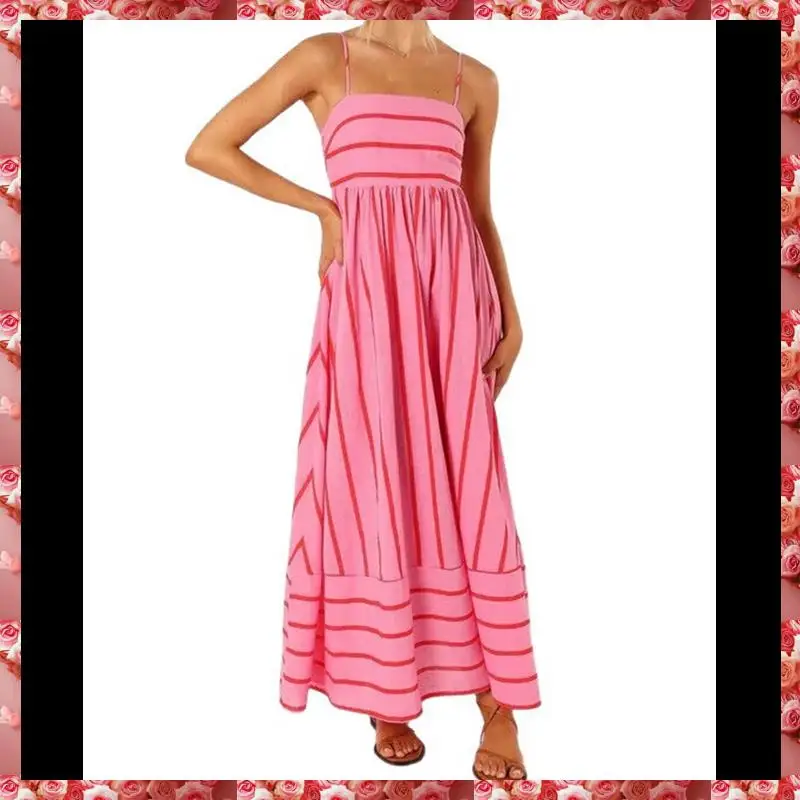 ผู้หญิงลายกลับ Smocked Maxi Dress สายสปาเก็ตตี้ตัด Flowy Swing ชุดเดรสยาว