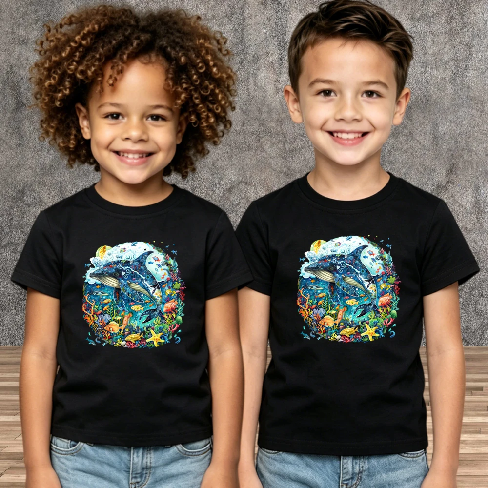 Toddler Kids Vibrant Marine Life With Whale T-Shirt Summer New Boys Girls Short Sleeve Ocean Print Tees