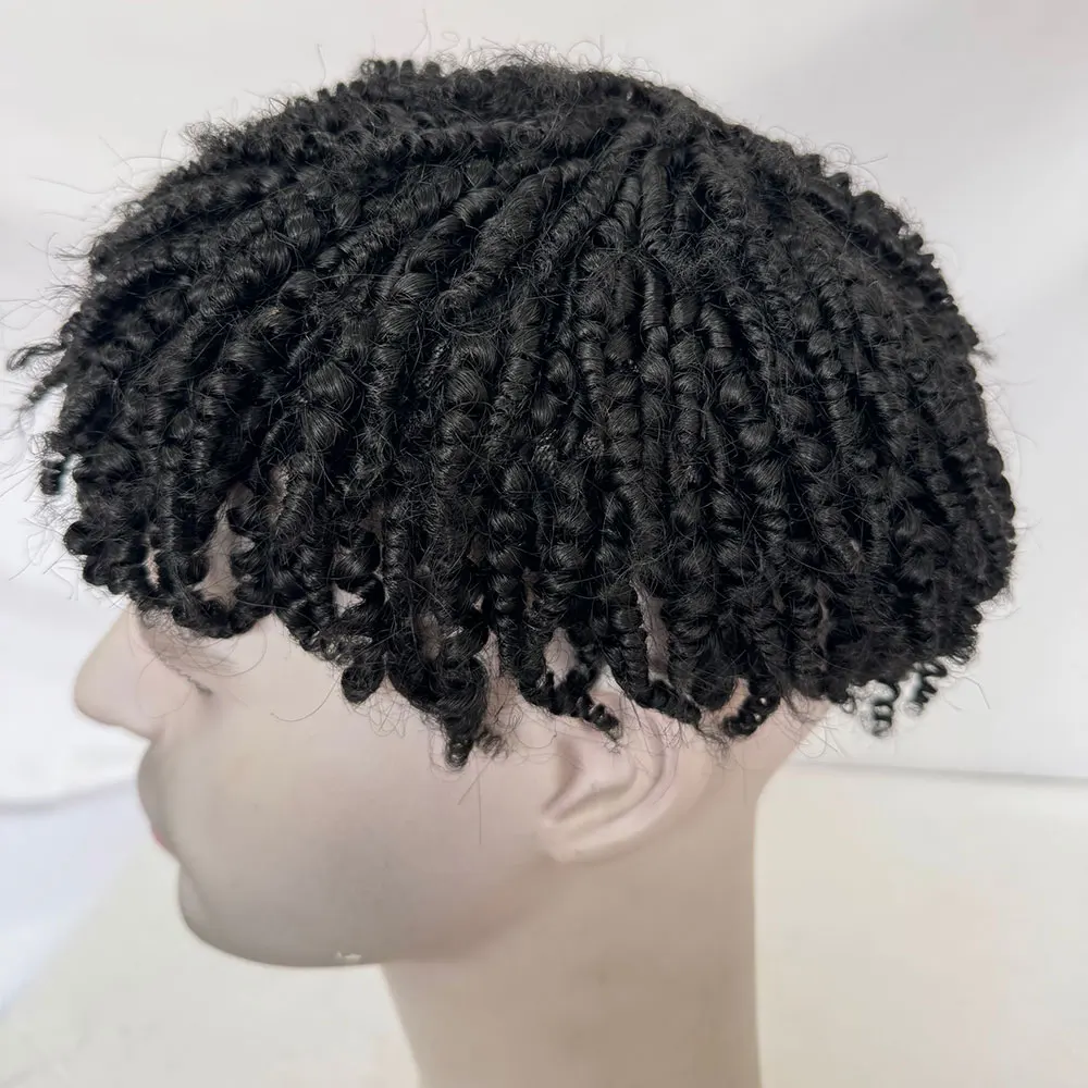 

8mm Afro Curl Twist Crochet Braids Hair for Black Men Toupee 100% Human Hair Thin Skin Full PU V Loop Wigs for Man Jet Black 1#