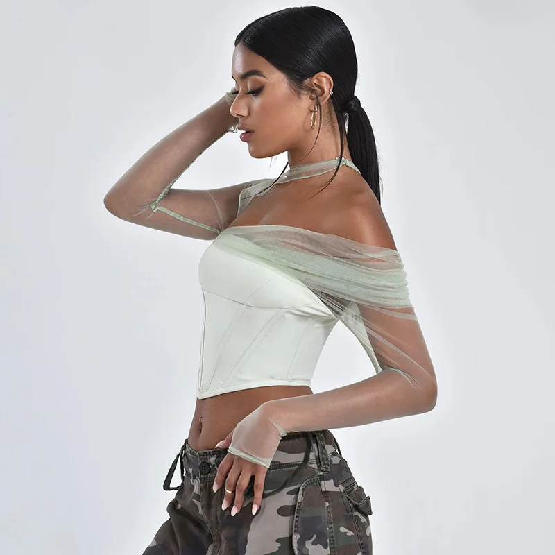 2023 sommer Mode Heißer Verkauf Neue Elegante Sexy Sheer Mesh Patchwork Rohr frauen Top