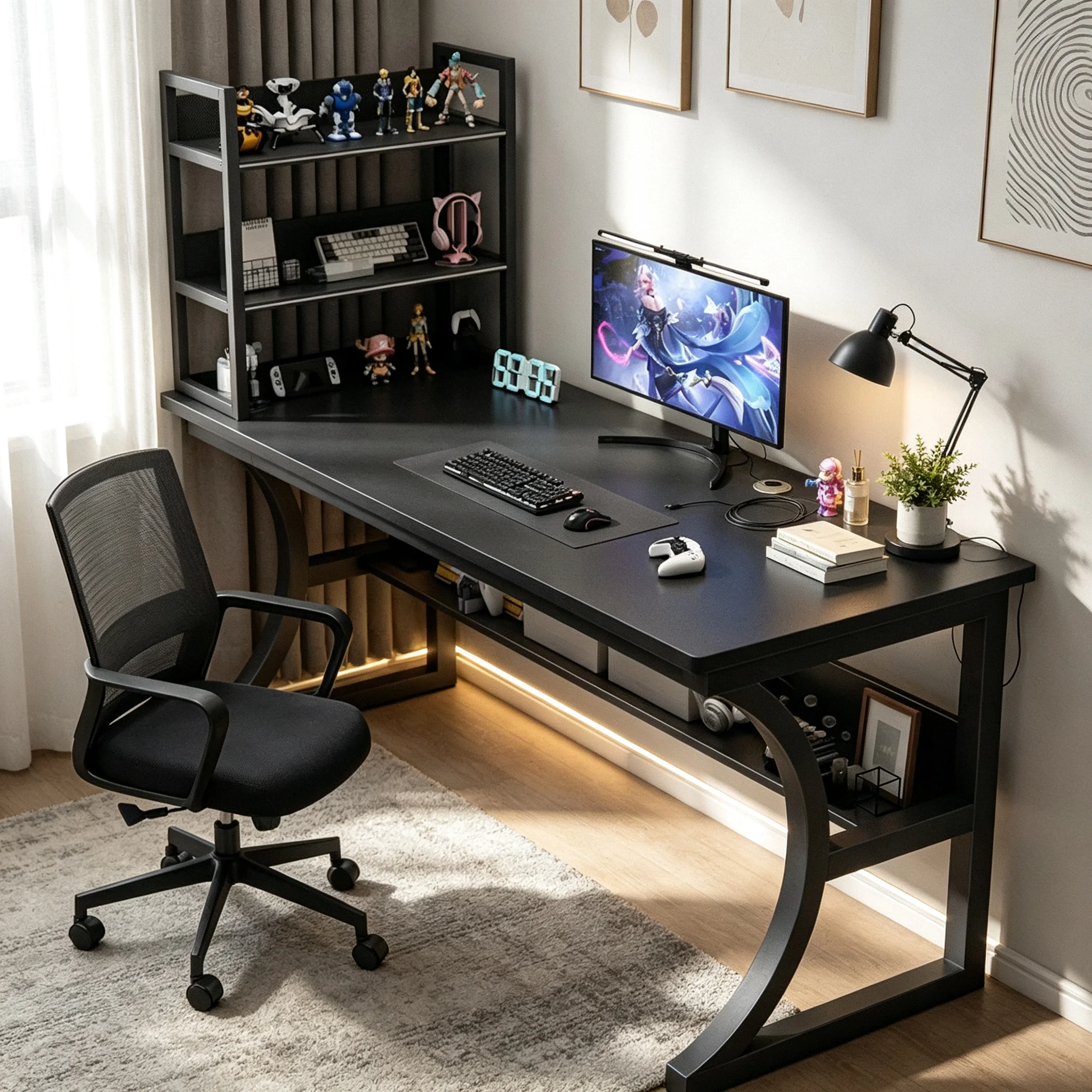 AOLIVIYA PC Gaming Desk Office Study Table Shelves Chair Writing Learning Bedroom Household Simple