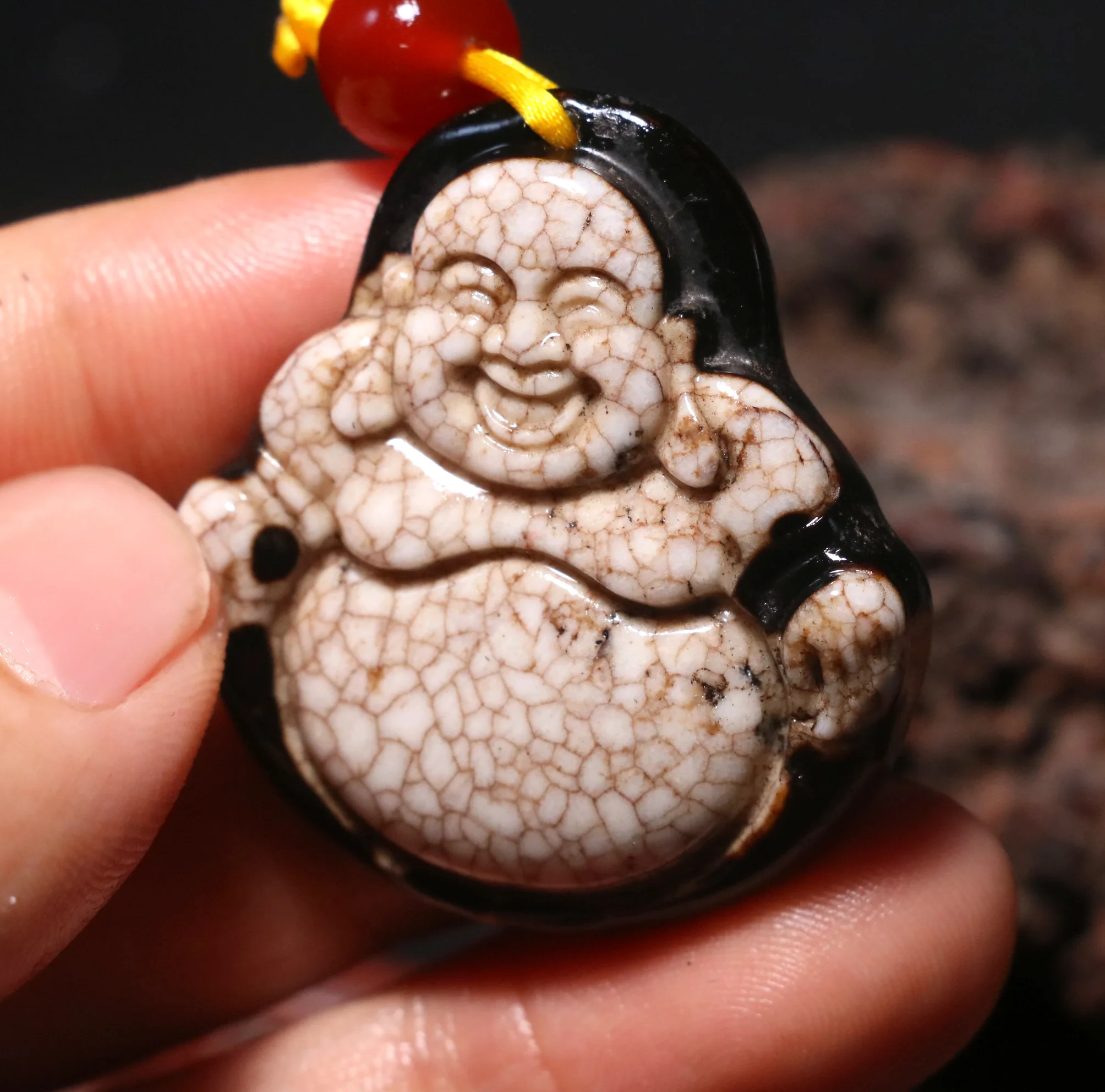 No.210126N14 Energy Tibetan Old Agate Scuptural Happy Larghing Buddha Lotus Totem dZi Pendant Good Saurces