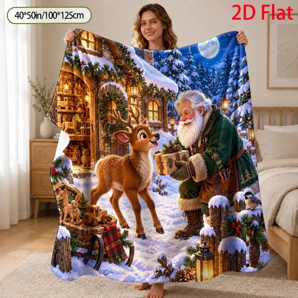Cozy Christmas Scene Throw Blanket Santa Reindeer Winter Forest Holiday Decor Xmas Gift