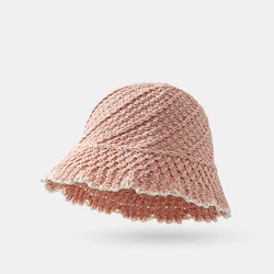 Women's versatile knitted hollow basin hat with ruffled edges for breathable sun protection and shading, summer sun hat