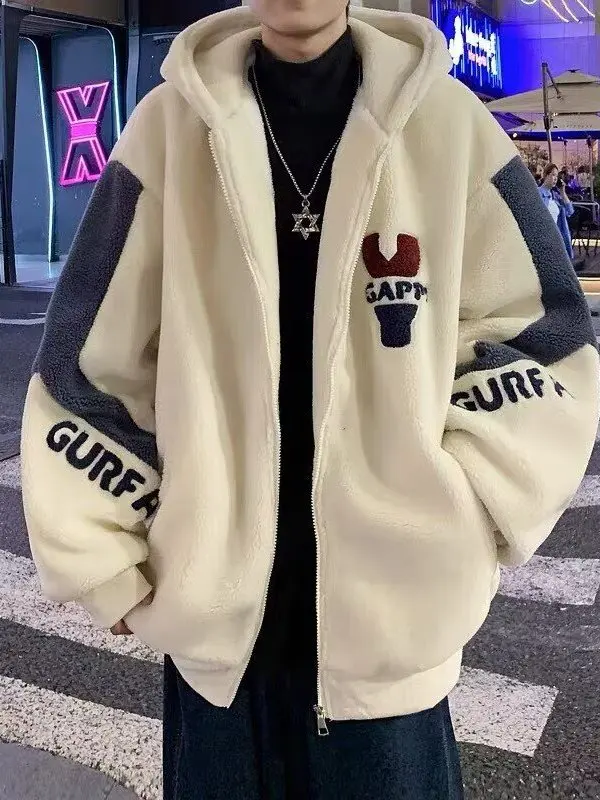 

Lamb Velvet Jaet Men's Winter Large Size Loose Thiened Cotton Coat Boys' Hooded Winter Clothes Trendy Men's Cotton Coat