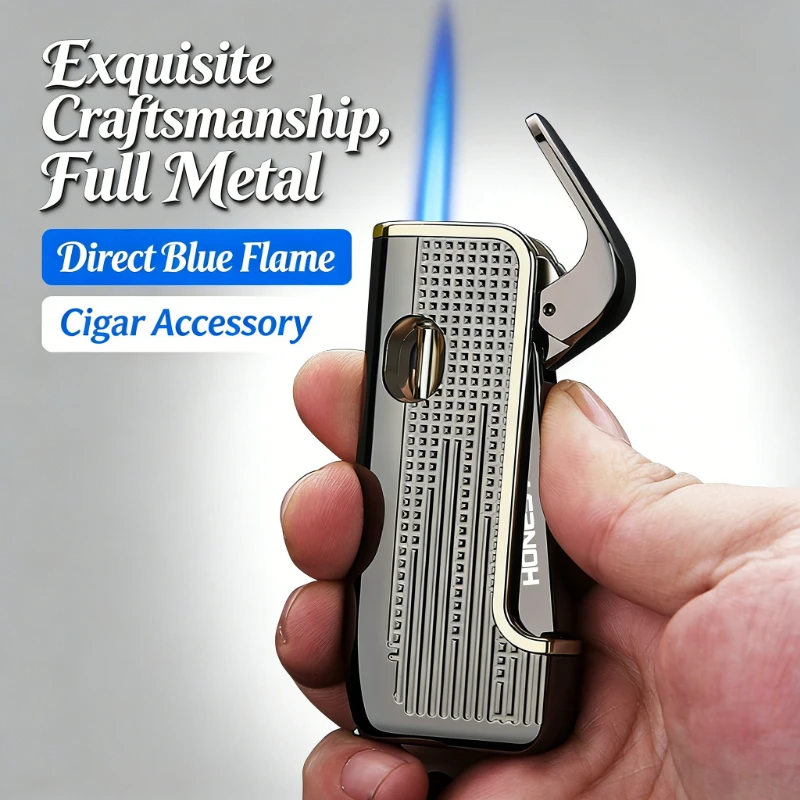 

Cigar Tool Lighter Windproof Blue Jet Flame Built-in Cigar Punch, All-Metal Body with Visible Fuel Gauge for Outdoor & Daily Use