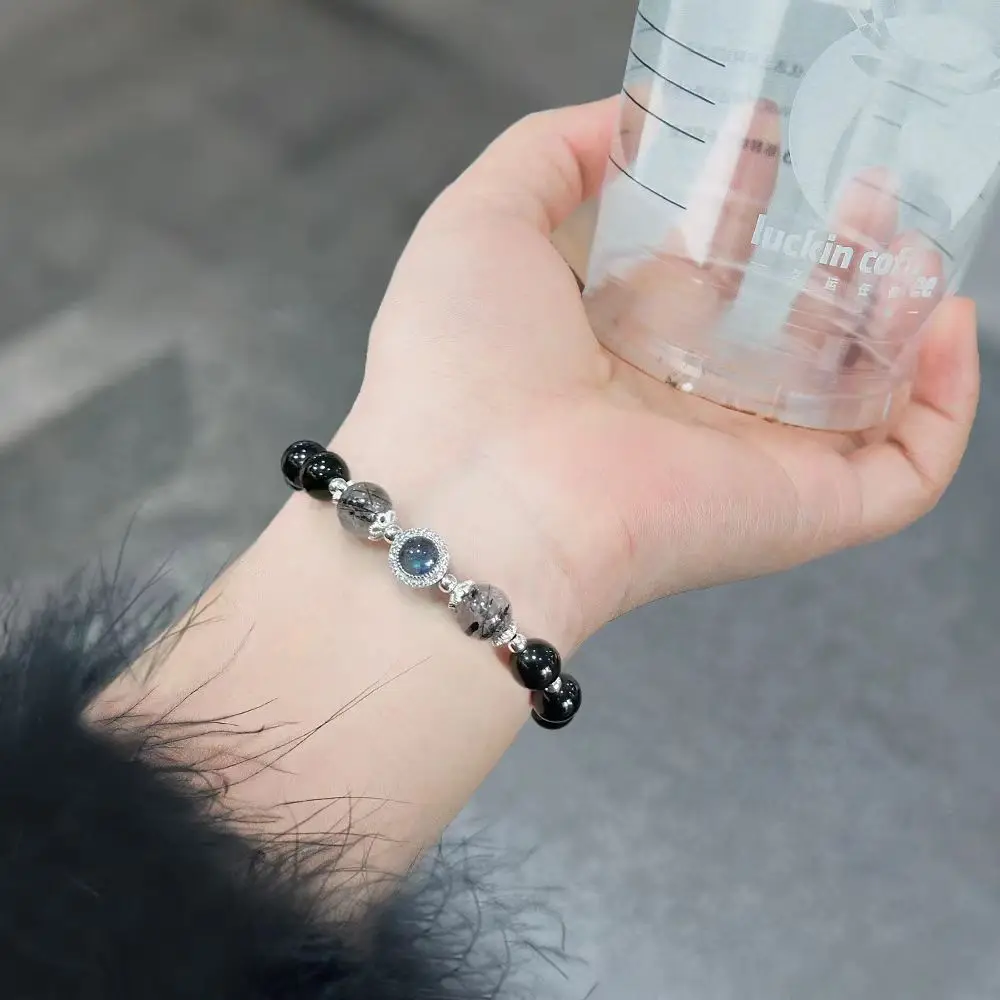 S925 Silver Natural Obsidian Bracelet With Aquamarine Niche Lucky Transfer Hand Jewelry