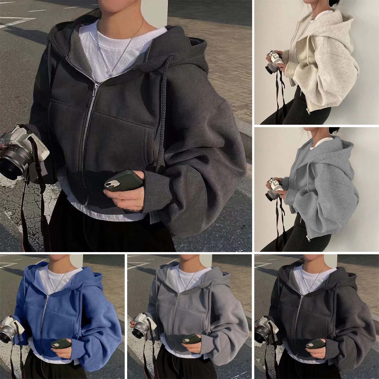 Sweatshirt Hoodie Oversize Hooded Cardigan Sweatshirts Gray Women Clothes Solid Zip Up Hoodies Spring Women Men Top Long Sleeves
