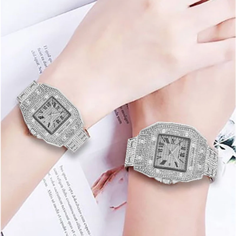 PINTIME Women Watches Iced Out Diamond Quartz Wristwatch Waterproof Square Case Luxury Dial Metal Strap Calendar Hip Hop Relogio