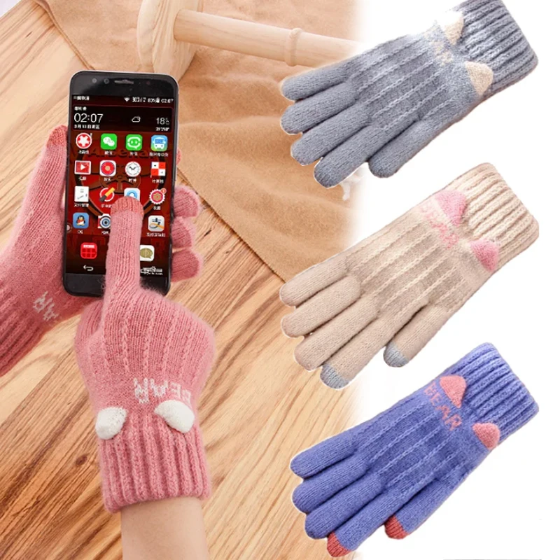 

Women's Fall And Winter Touch Screen Knitted Wool Gloves Cartoon Cat Ears Cute Five Finger Gloves Padded Warm Cycling Equipment