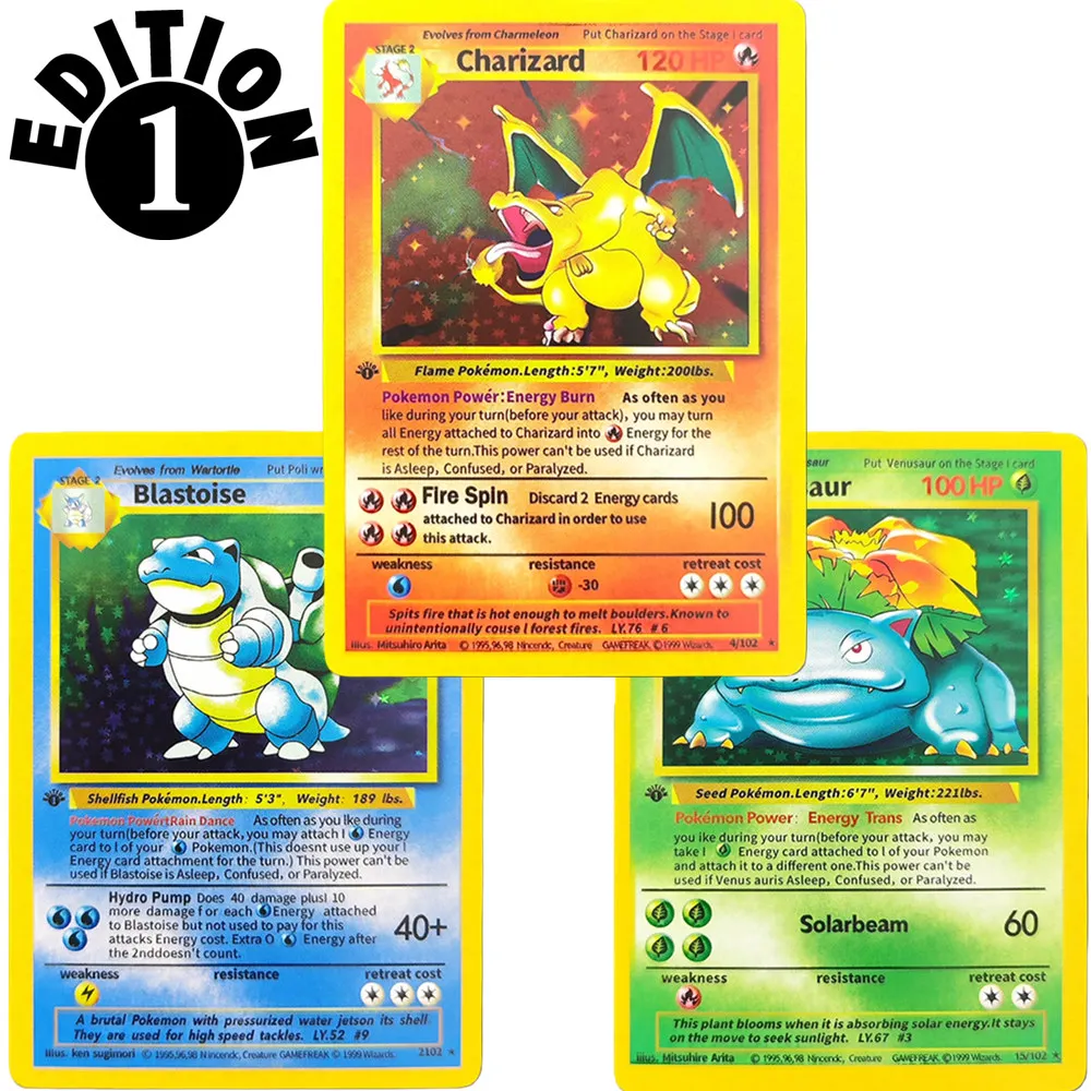 لتقوم بها بنفسك لعبة البوكيمون الإنجليزية الطبعة الأولى Charizard Blastoise Venusaur Holo 4/102 بطاقة جمع ألعاب أنيمي