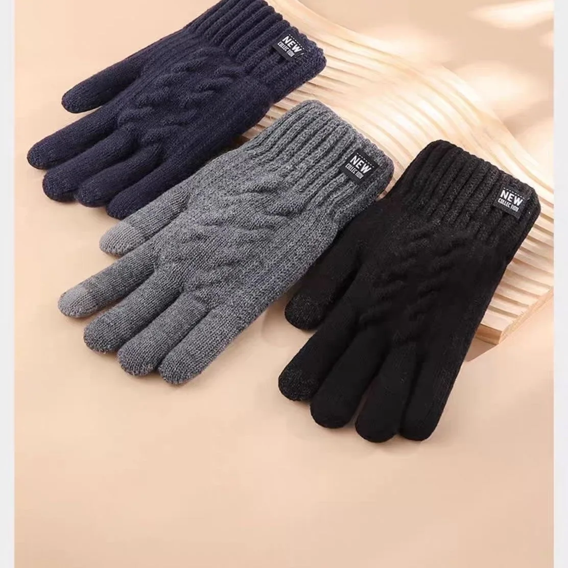 New Men's Warm Full Finger Gloves Winter Touchscreen Plus Fleece Gloves Woman Thickening Wool Knitted Cycling Driving Gloves