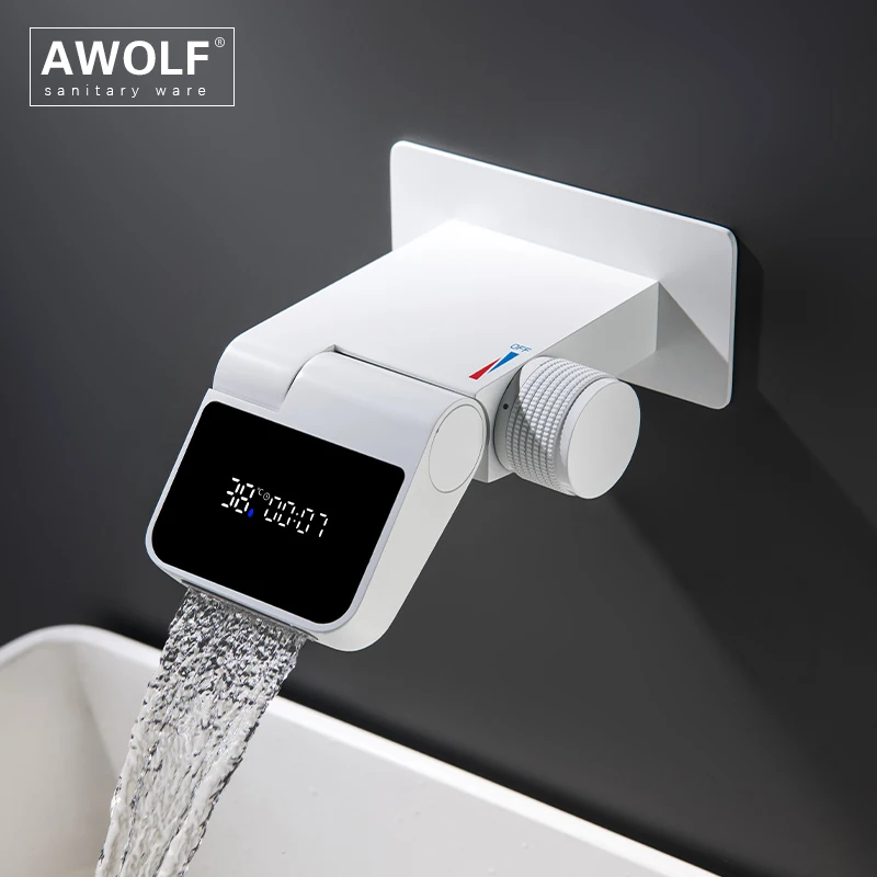 LED Digital Display Bathroom Basin Faucet White Waterfall Gun Grey Solid Brass Wall Mounted Folding Cold & Hot Mixer Tap ML8139