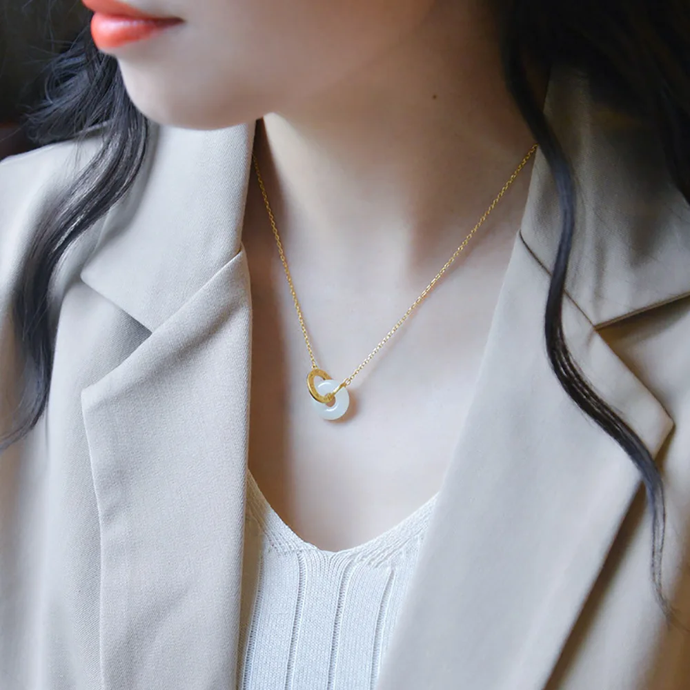 Natural White Jade Safe Buckle Pendant S925 Sterling Silver Ancient Method Inlaid Ring Interlocking and Never Separating