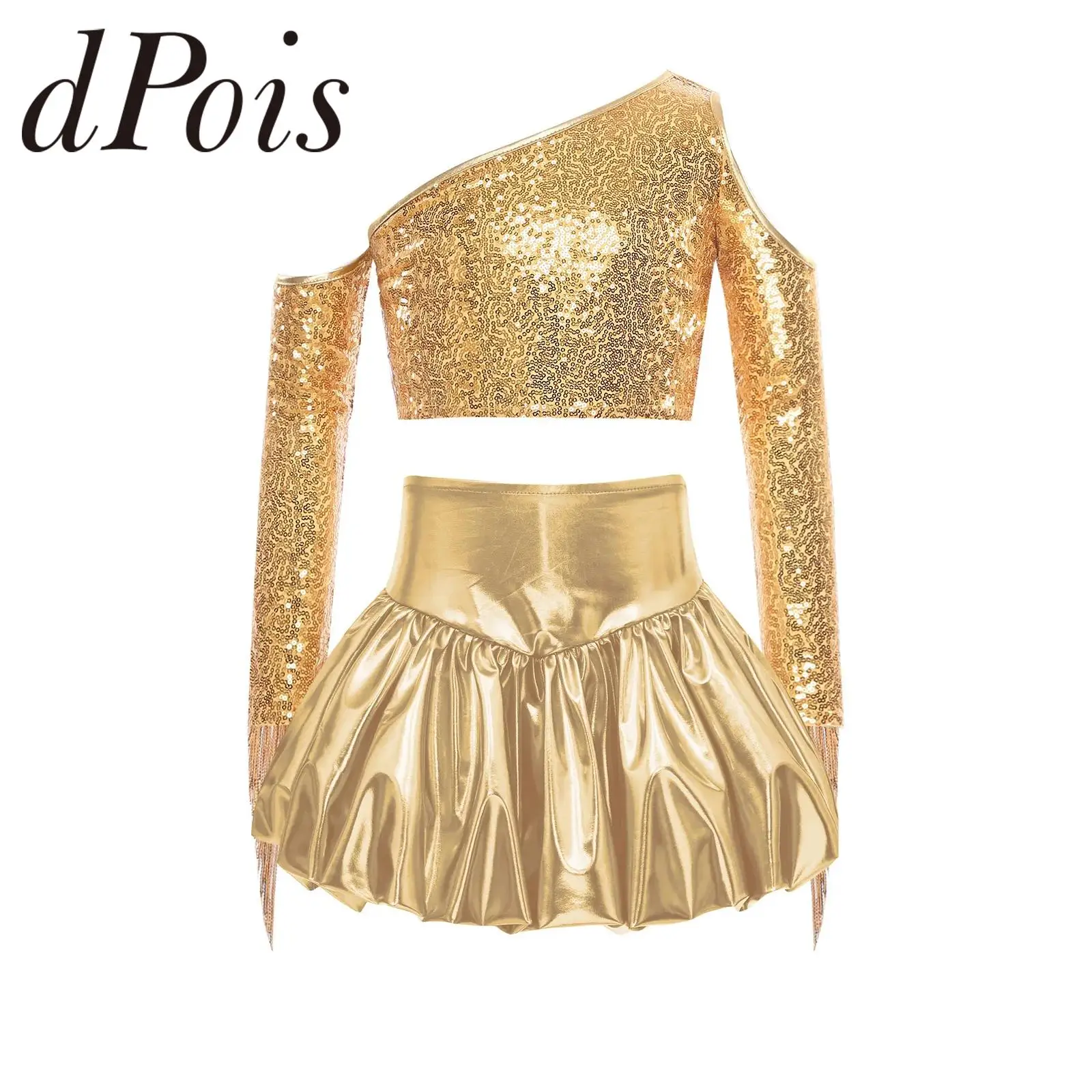 Kids Girls 70s Disco Outfit Street Jazz Dance Clothes Metallic Stage Tassel Childs Music Festival Prom Party Performance Costume