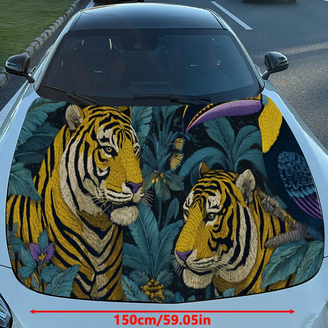 Cheerful Tropical Tiger Car Hood Stickers - Self-Adhesive, Waterproof and Durable Vinyl Wrap, Decorate And Protect Your Car, Fit