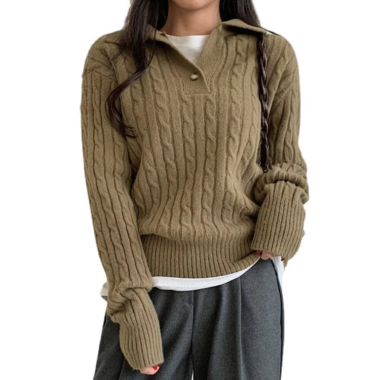 Langarm Casual Umlegekragen Leinen Muster Design Lose Vielseitige Pullover Koreanische Chic Herbst Winter Vintage Strickwaren