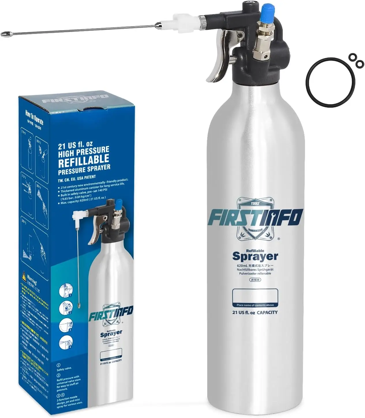 

FIRSTINFO A1638 (3rd Gen) Patented Lightweight Max. Pressure 140psi / 620ml Thickened Aluminum Canister Refillable Aerosol Spray