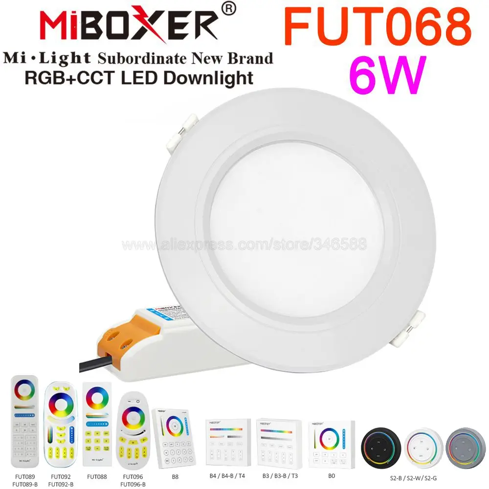 

MiBoxer FUT068 FUT068-B 6W Smart RGB+CCT Downlight AC 110V 220V 2.4G Wireless RF Remote Tuya WiFi APP Alexa Google Voice Control