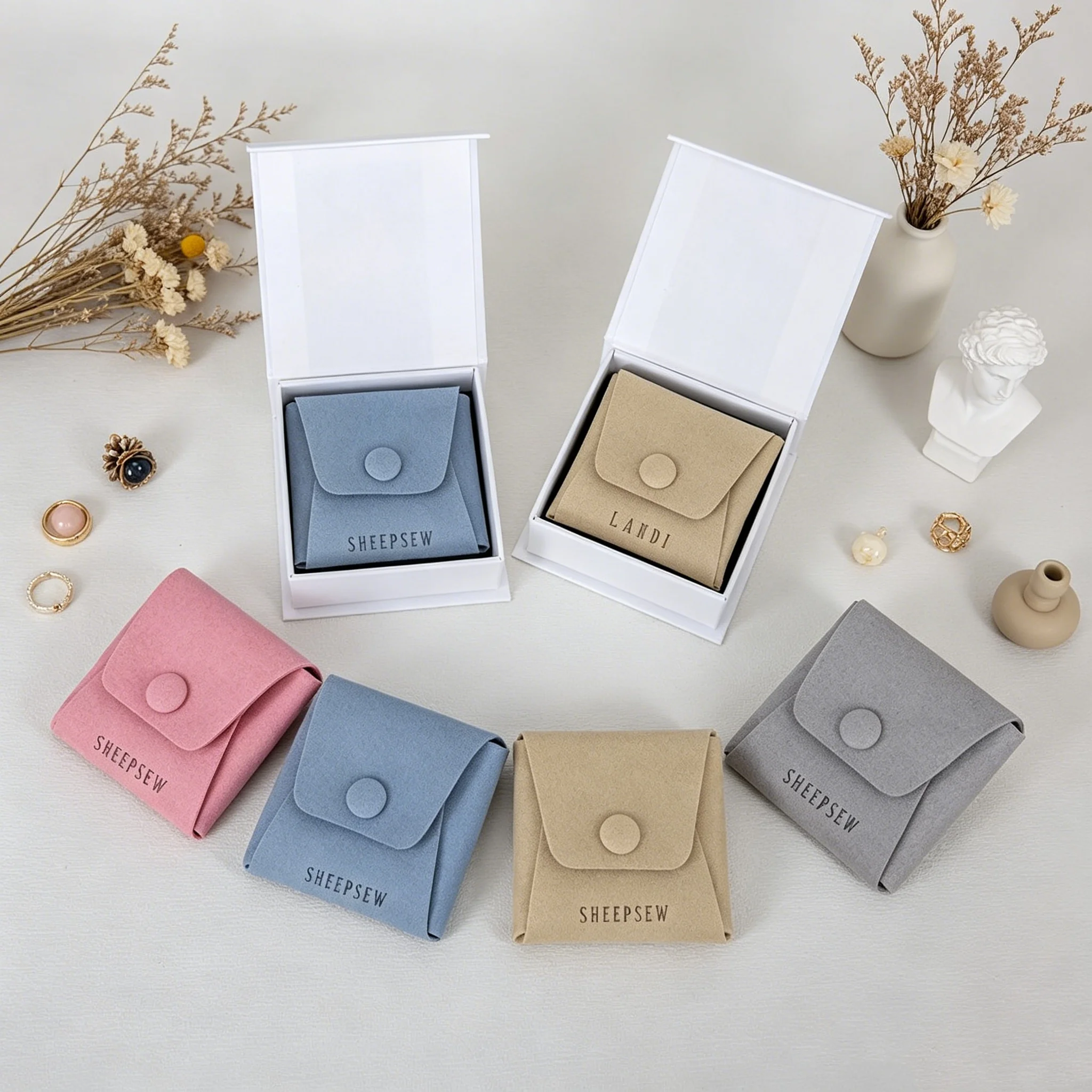 SHEEPSEW Customizable Logo Velvet Jewelry Pouches Purple Pink Nude Beige Soft Luxury Packaging Drawstring Bag for Chain Bracelet