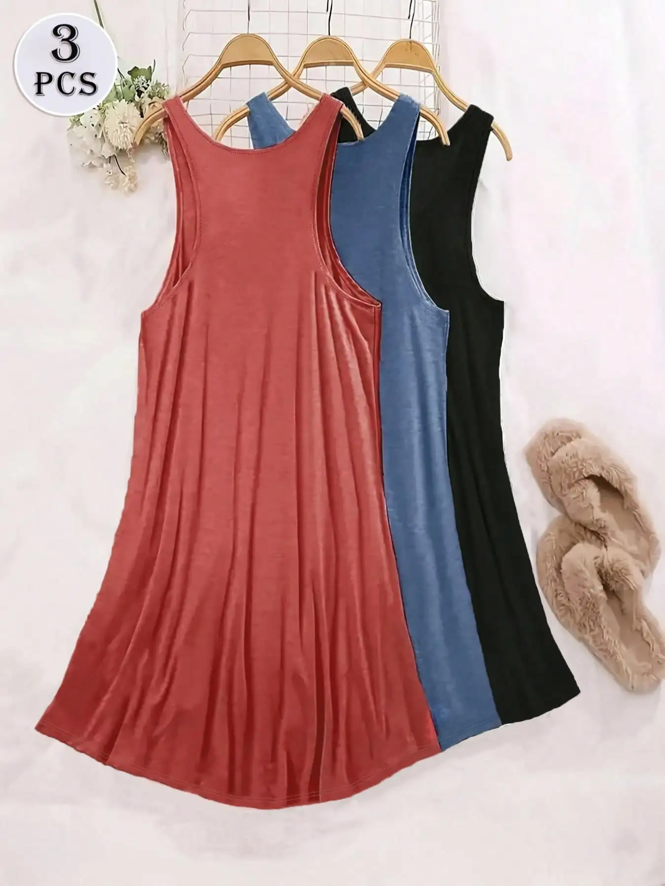 

Комплект из 3-х женских свободных ночных сорочек с круглым вырезом, однотонные повседневные платья для сна на весну-лето