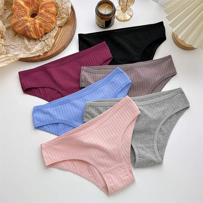 FINETOO 3PCS/SET Women\'s Cotton Ribbed Striped Underwear Panties Female Sexy Plus Size High Stretch Briefs Soft Lingerie S-7XL