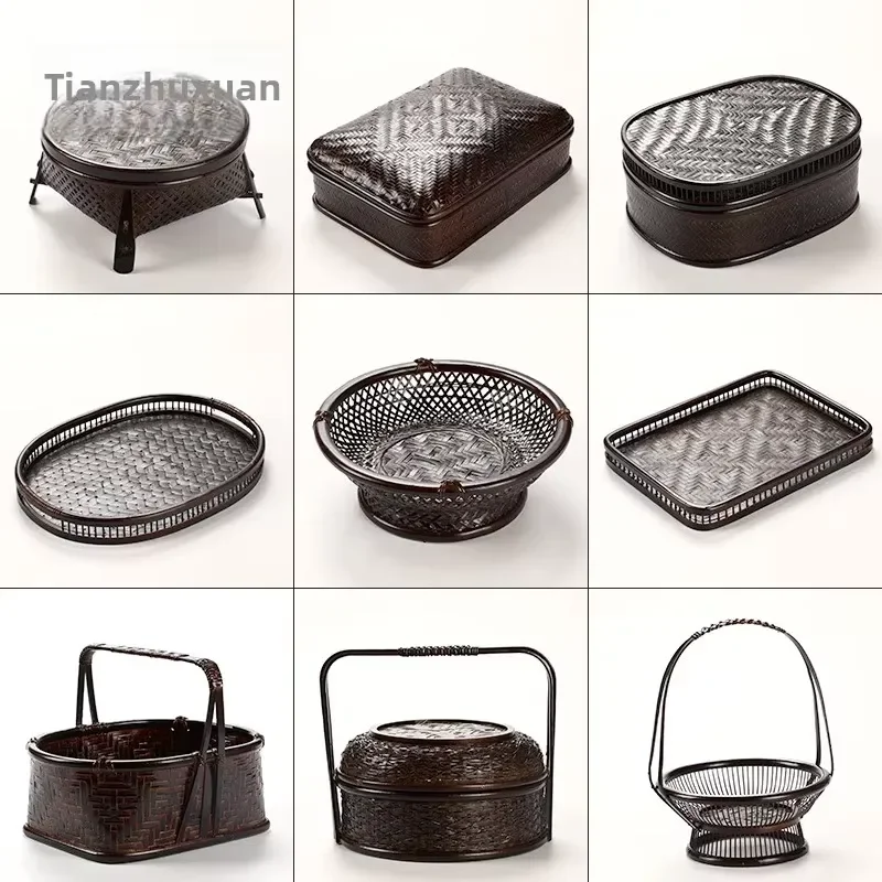 Rectangular Hand Woven Bamboo Storage Box With Lid Chinese Style Fruit Basket For Household Tea Set Organization Oval Shape