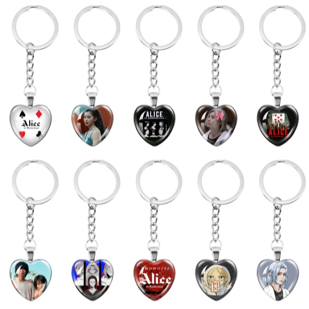 Japan TV Alice in Borderland Chishiya Kuina Keychain Glass Cabochon Heart-Shape Keychain Charm Jewelry Ornament Accessories Fans