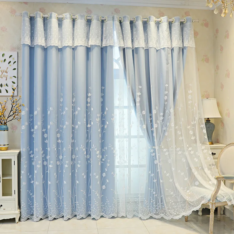 European Custom Size Pastoral Atmosphere Cloth Gauze Integrated Double Layer Shading Curtains for Living Dining Room Bedroom