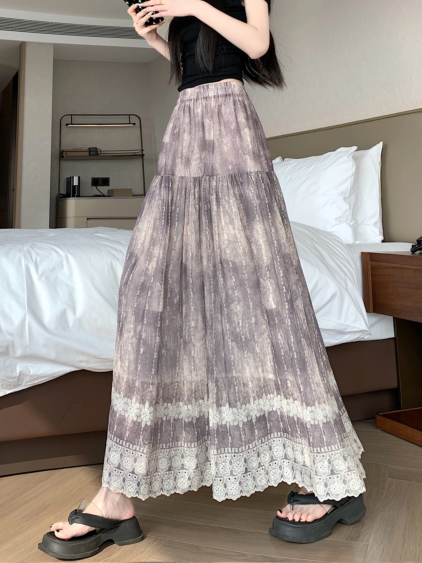 

Юбка-миди А-силуэта с вышивкой и перфорацией, с завышенной талией, стройнящая, в корейском стиле, повседневная, для офиса