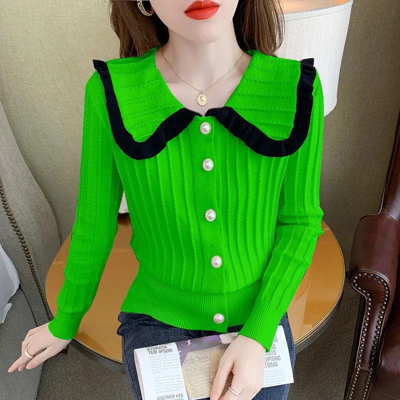 Sweet Peter Pan Collar Spliced Button Folds Sweaters Women\'s Clothing 2024 Autumn Winter Solid Color Casual Cardigan Tops