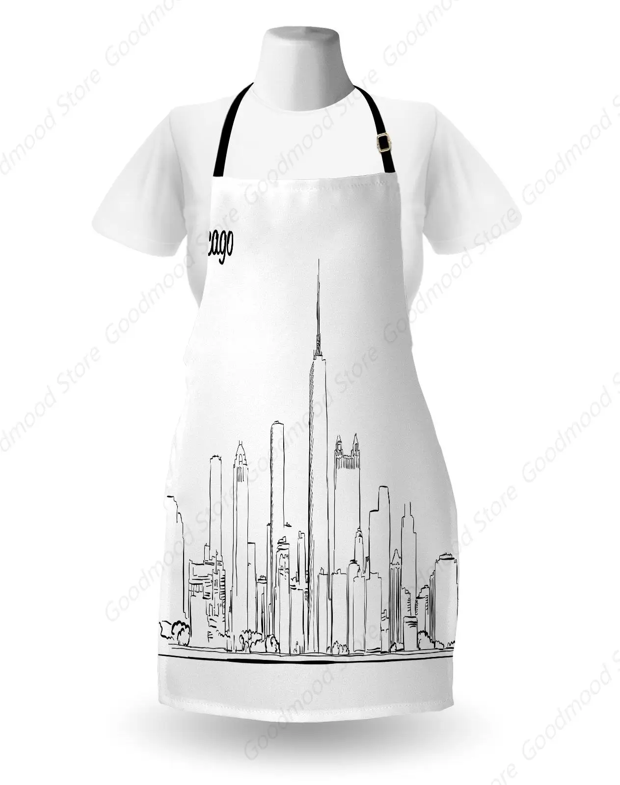 Chicago Skyline Apron, Hand Drawn City Silhouette Downtown Free Hand Sketch of Panoramic Landmark, Unisex Kitchen Bib Apron