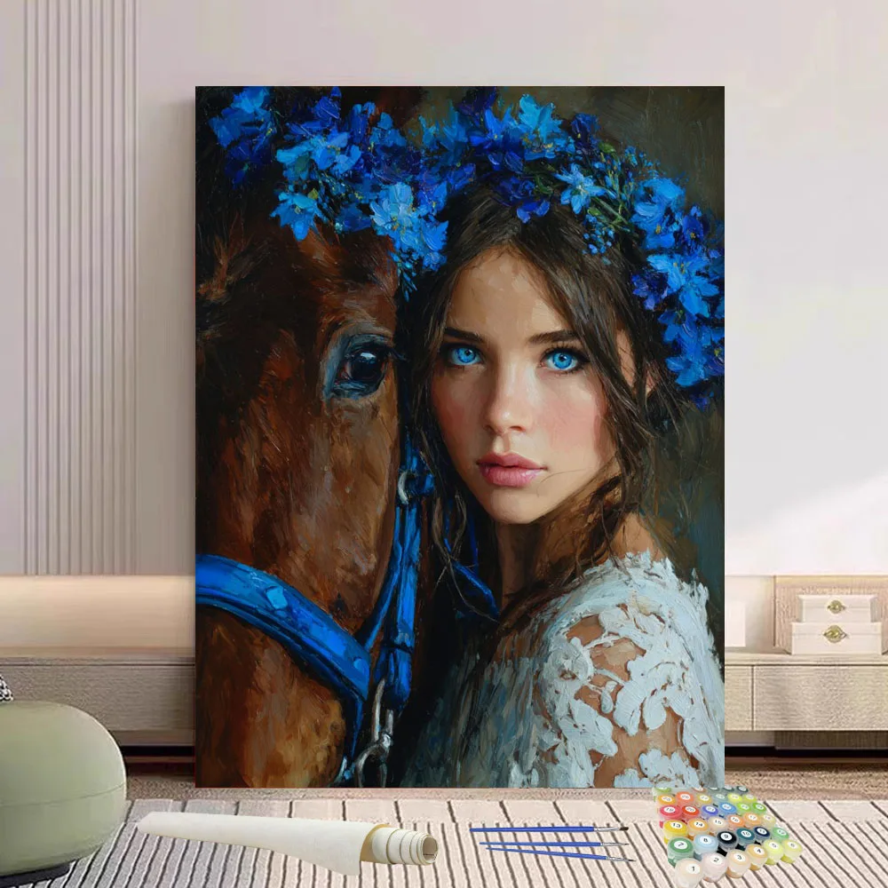 Pintura por números, la chica de ojos azules y el caballo, pintura al óleo pintada a mano, lienzo para colorear, regalo único, decoración del hogar