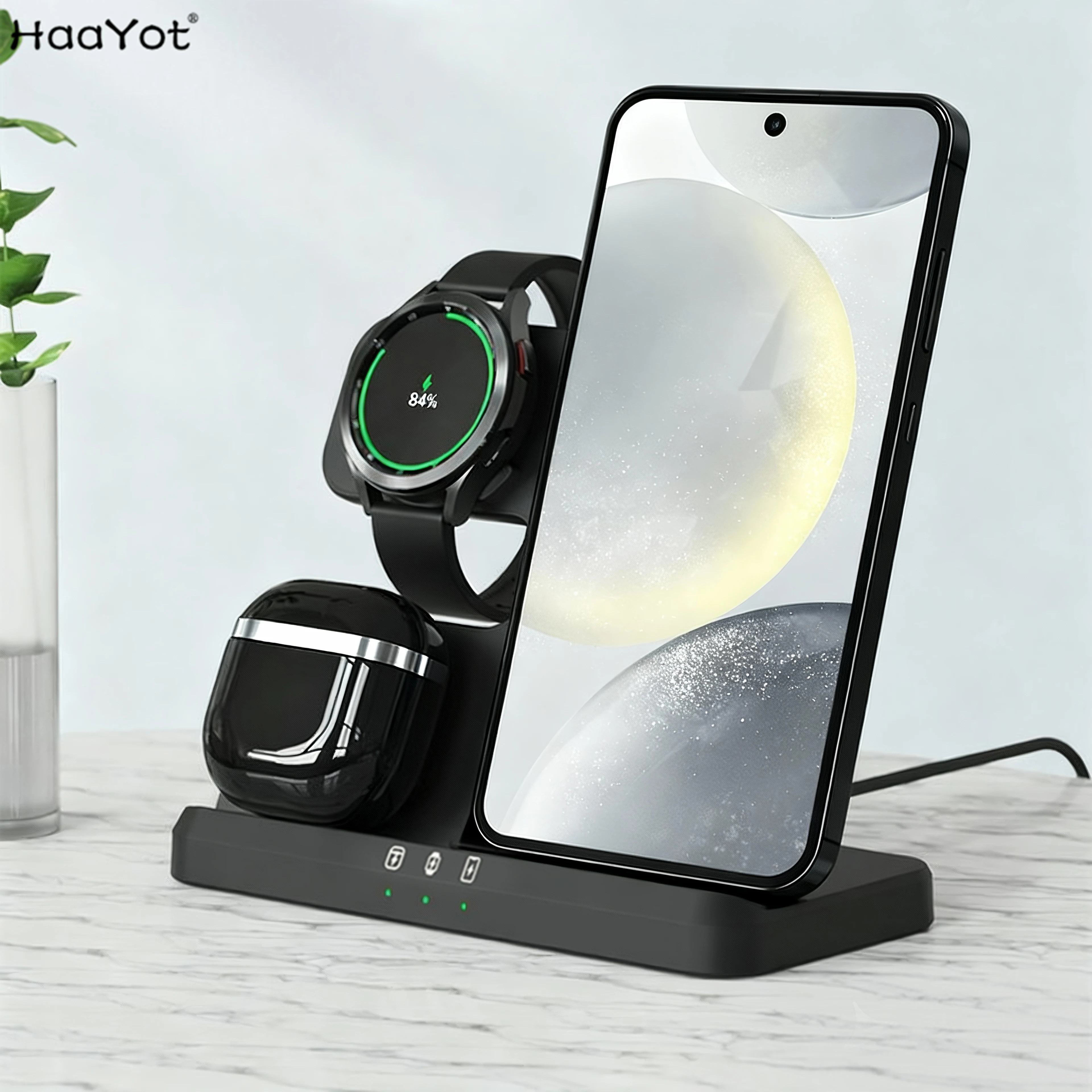 

Зарядное устройство 3 в 1 для Samsung Galaxy Watch, Buds, телефонов, беспроводная зарядная станция для Watch 8/7/6/5/4 Active Galaxy S26/S25 Ultra