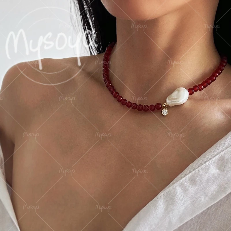 

MYSOYA 12-14mm Natural Agate & Baroque Freshwater Pearl Necklace, for Birthday/Wedding/Mother's Day/Father's Day Gift A0975